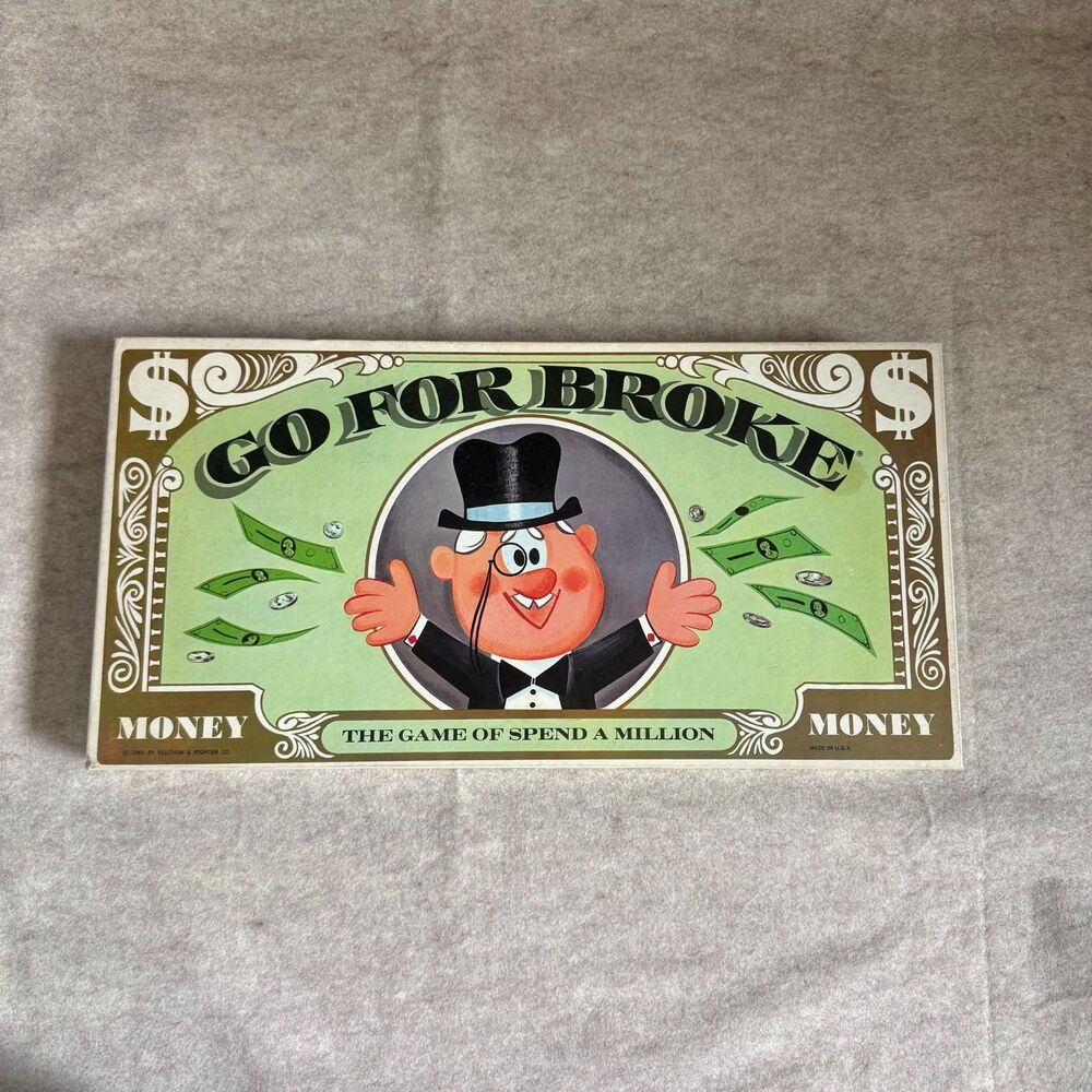 Vtg 1965 Go For Broke board game Money Green Box Selchow & Righter COMPLETE USA